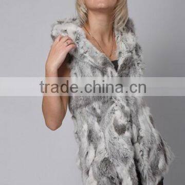 new Korea style rabbit fur vest with hood/midium genuine fur vest for ladies