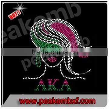 Wholesale Rhinestone Heat Transfers Green and Pink Greek Letter Iron on Afro Gril Motif