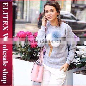 Wholesale grey ice cream fur decorated long sleeves sweatshirt women