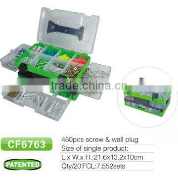 450 piece wall plug and screw set in plastic case