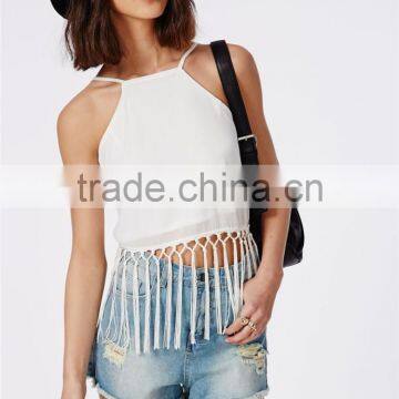 Fringed Plain White Spaghetti Strap Cami Crop Top Plain Wholesale Cheap photo-5