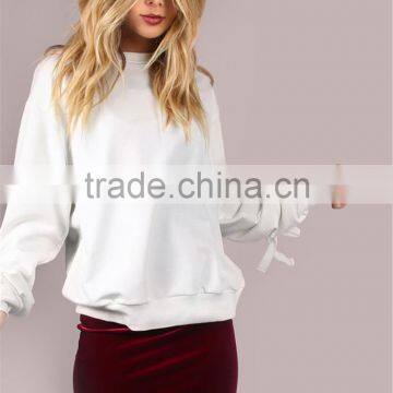 MGOO Plain White Women Sweatshirt Long Sleeve Blank Eyelet Ribbon Tie Pullover Ivory photo-3