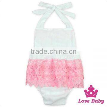 HYB145 Lovebaby Wholesale Navy Color Cheap 100% Cotton Stripe Back Romper With Pink Lace Ruffle Trim Organic Cotton Baby Cloth photo-4