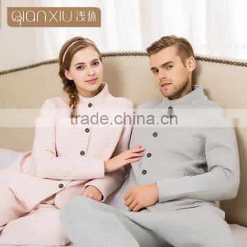 Wholesale Qianxiu Winter Front Open Buttons Down Thick Cotton Couple Pajamas