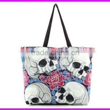 2014 fashion skull printed stripe canvas beach tote bag wholesale