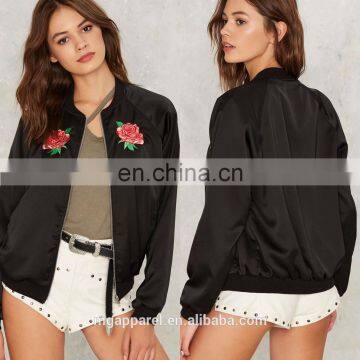 2017 Custom Wholesale Rose Embroidered Satin Bomber Jacket Women