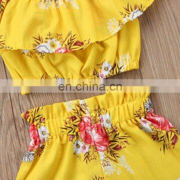 Girl Flowers Print Clothes 3Colors Kids Girls Summer 2pcs Set Strap Tops Shorts Outfits 1-6T photo-6