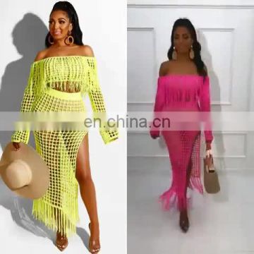 women summer two piece clothing off shoulder tassel swim wear cover up beach maxi dress bikinis 2020 swimwear beachwear