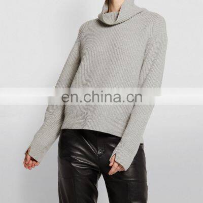 Designer Ribbed Knit Turtle Neck Cashmere Wool Knit Sweater for Women photo-2