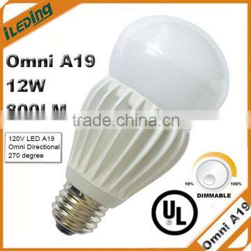 800lm 12Watts Omni A19 LED Household Dimmable Light Bulb UL