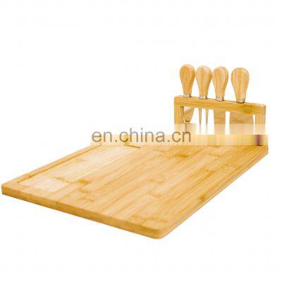 2022 Hot Sale Bamboo Cheese Cutting Board with Slide-Out Drawer Stainless Steel Knife Set cheese board and knife set