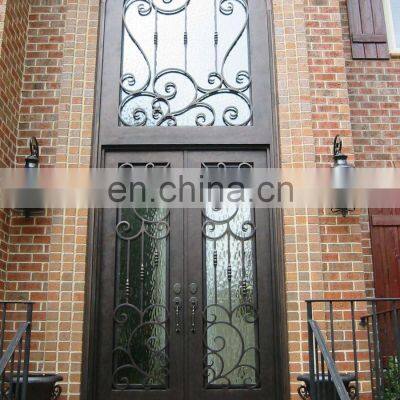 Luxury Houses Front High Arched Double Glass Transom Design Waterproof Privacy Best Security Metal Wrought Iron Doors for Homes