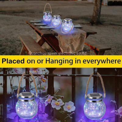 Waterproof Patio Wedding Hanging Mason Jar Lights, Warm Crack Glass Bottle Solar Jar Light photo-3