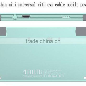 Portable ultra thin slim power bank 4000mah with bulit-in cables