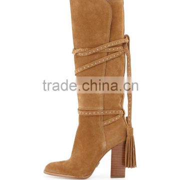 Wholesale fashion faux leather boots belt decoration long tassel thick heel comfortable knee high boots