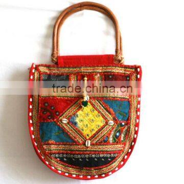 Bohemian Purse with Wooden Handles ,Ladies Fabric Handbag