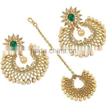 Indian Gold Plated Chand Bala Style Earrings With Tikka For Women