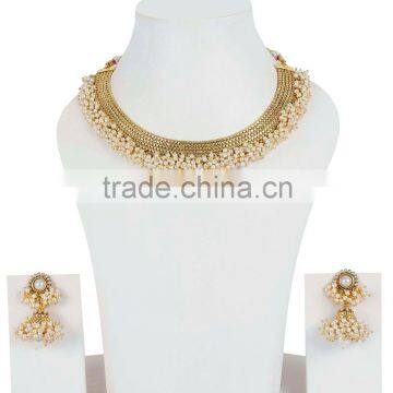 Indian Fabulous Gold Tone Pearl Stone Polki Necklace Set Jewelry for Women Wedding photo-2