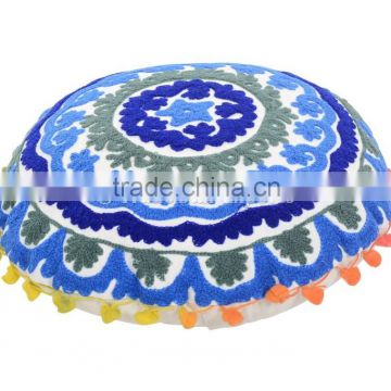 Round Uzbek Suzani Pillow Cover Decorative Throw Pillows Indian Cotton Cushion Cover Boho Pom Pom Cushions