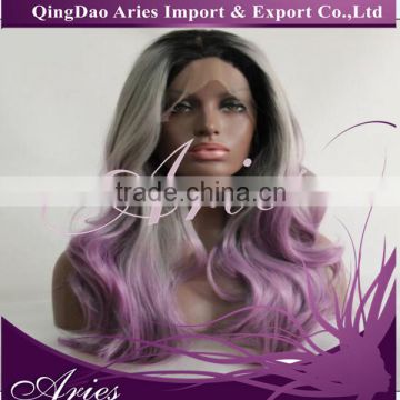 LONG WAVY LACE FRONT WIG SYNTHETIC HAIR OMBRE BLACK AND GRAY COLOR