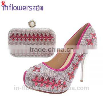 Wholesale rhinestone handmade shoe and bag set for party use