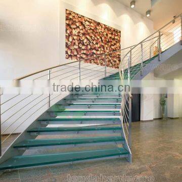 painted steel stringer laminated glass treads curved stairwith stainless steel rod railings