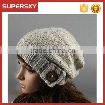 V-03 Hand cable pattern stretch knitting warming slouchy beanie hat women winter beanie with button