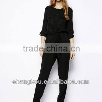 black jumpsuit Self-tie waist belt rolled up long sleeve woven jumpsuits for women