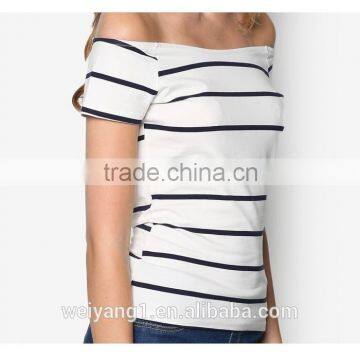 China Factory Direct Wholesale Petite Stripe Bardot Top Woman Short Sleeves Blouse photo-2