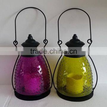 color glass candle holder with LED candle,hanging lantern