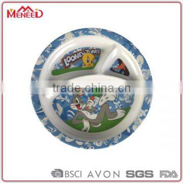 BPA free lovely cartoon print plastic 3 sections kids melamine divided plate