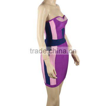 HL Beaded Rayon Sexy Purple Color Block Strapless Geometric Bodycon Women Celebrity Bandage Dress photo-3