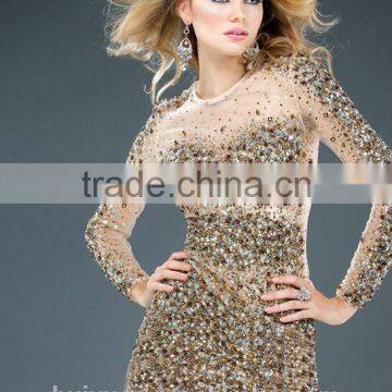 Stunning Long Sleeve Gold Sexy Crystal Beaded Dress Fashion photo-2