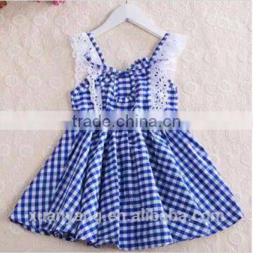 New Arrival Children Clothes Lace Trim Bule Plaid Kids Clothing Wholesale 100%cotton Baby Nice Dress photo-2