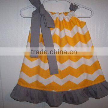 Children's Yellow Chevron and Polka Dot Hem Girls Pillowcase Dresses With Ribbon Childrens Boutique Clothing photo-2