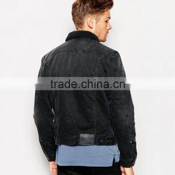 Fashion Wholesale Mens Black Denim Jacket With Fleece Collar photo-2