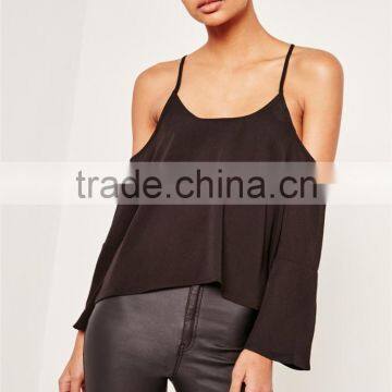 MGOO 2017 Chiffon Cold Shoulder Blouse Long Sleeves Shirts Blouses Polyester Spandex Black Loose Style photo-2