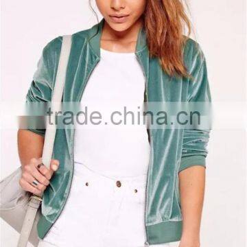 Women Velvet Bomber Jacket Green Ribbed Trim Zip Up Coat With Side Pockets With Custom Tag And Label photo-2