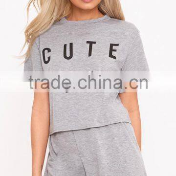 Cheap Price Custom Logo Print Ladies Pajamas Short Pyjama Summer Grey Loungwear Set photo-3