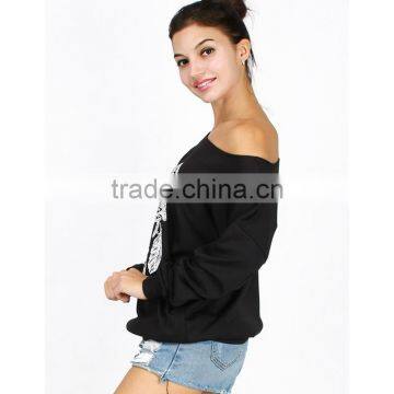 Bulk Wholesale Black Asymmetrical Shoulder Screen Printing Sweatshirt for Ladies photo-5