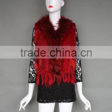 Handmade Rabbit Fur Vest With Raccoon Fur Collar ,Women Fashion Fur Strap Gilet/Waistcoat