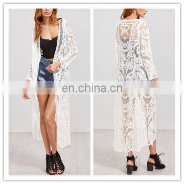 White Floral Mesh beach wear Women's Lace embroidery Long kimono cardigan