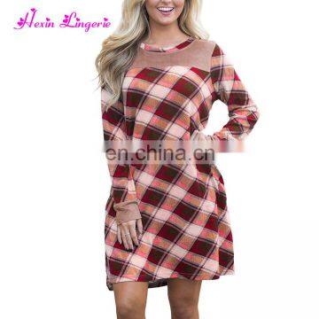 Wholesale Women Loose Full Sleeve O Neck Overbust Knee Length Midi Red Dress