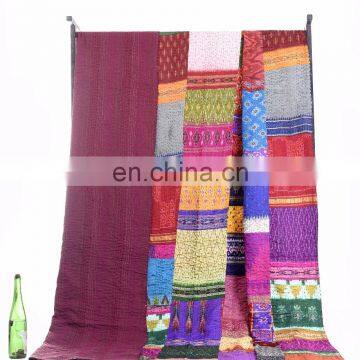 Indian Latest Silk Sari Patchwork Kantha Quilt Queen Bedding Throw Reversible Bedspread