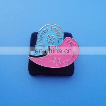 Silver plating half heart shape enameled pink and blue color embossed brand logo metal badge