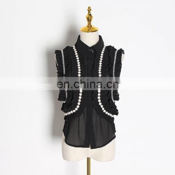 Casual Off Shoulder Ruffles Lapel Sleeveless Pearl Oversize Blouse Women