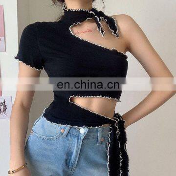 Hot Wholesale Women's Ladies Sexy Irregular One Shoulder Crop Top photo-4