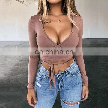 Wholesales Best Sellers 100 Cotton Women  Deep V-Neck Sexy Crop Tops Ladies Long Sleeve Solid Color Blouses