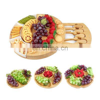 Bamboo Round Charcuterie Boards Cheese Board and Knife Set Meat Platter With 4 Knives Cheese Cutting Board Set photo-3