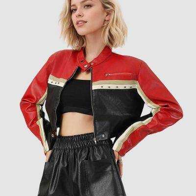 2025 Internet red block spliced PU leather waist-exposed cool women's leather jacket customization
